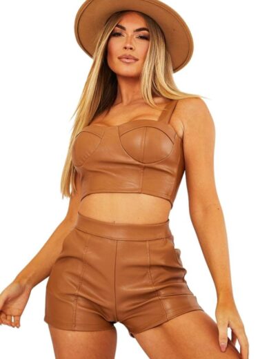 faux leather shorts brown