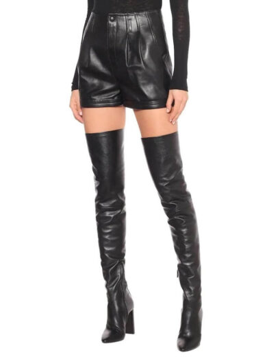 black faux leather belted shorts 2