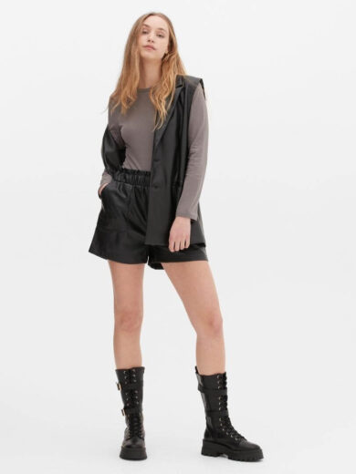 womens black leather shorts